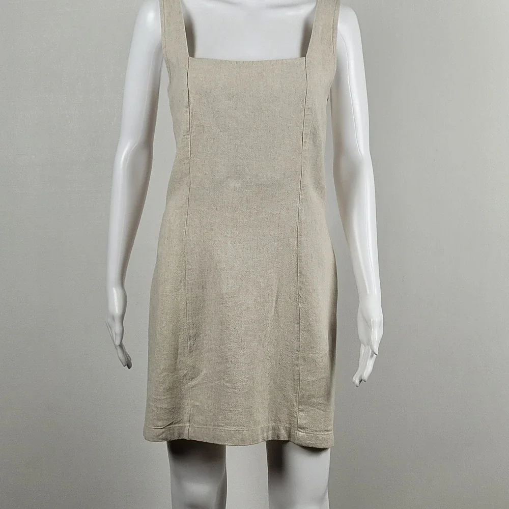 Old Navy Mini Dress Womens L Oatmeal Beige Excellent Linen Blend Smocked Back - Picture 1 of 10